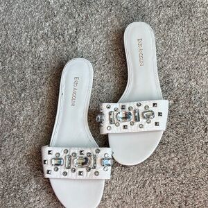 NWOT-Enzo Angiolini Crystal-Embellished White Slide Sandals